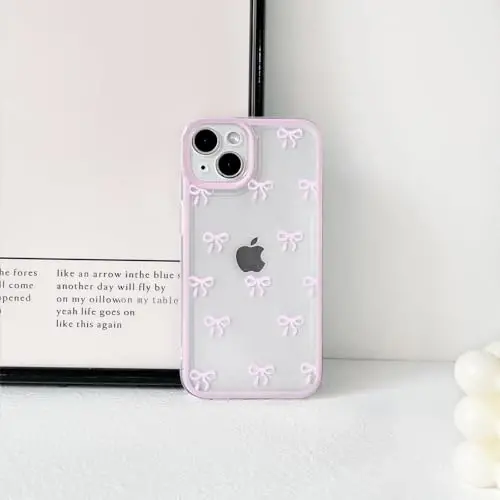 NITITOP Compatible with iPhone 14 Plus Case Cute Clear Durable Ribbon Bowknot Pattern for Girls Women Soft TPU Transparent Full Camera Lens Shockproof Protective Phone Cover - Pink - 7