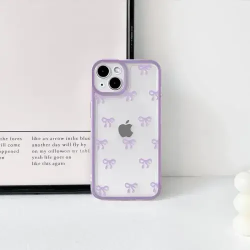 NITITOP Compatible with iPhone 14 Plus Case Cute Clear Durable Ribbon Bowknot Pattern for Girls Women Soft TPU Transparent Full Camera Lens Shockproof Protective Phone Cover - Purple - 4