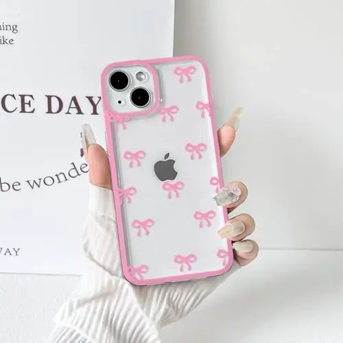 NITITOP Compatible with iPhone 14 Plus Case Cute Clear Durable Ribbon Bowknot Pattern for Girls Women Soft TPU Transparent Full Camera Lens Shockproof Protective Phone Cover - Rose Red - 6