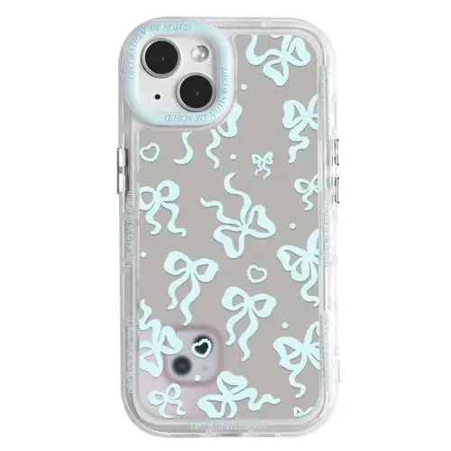 NITITOP Compatible with iPhone 14 Plus Case Cute Mirror Bow Love Heart Pattern for Women Girls Ribbon Design Shockproof Silver Protective Phone Cover - Blue Bow - NITITOP