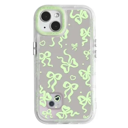 NITITOP Compatible with iPhone 14 Plus Case Cute Mirror Bow Love Heart Pattern for Women Girls Ribbon Design Shockproof Silver Protective Phone Cover - Green Bow - NITITOP