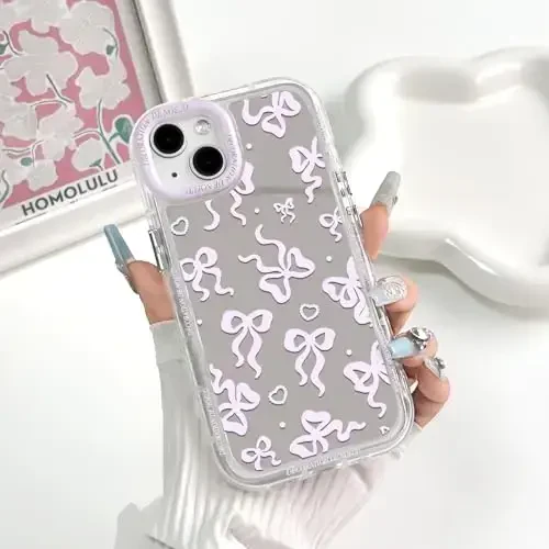 NITITOP Compatible with iPhone 14 Plus Case Cute Mirror Bow Love Heart Pattern for Women Girls Ribbon Design Shockproof Silver Protective Phone Cover - Pink Purple Bow - 3