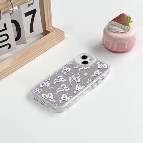 NITITOP Compatible with iPhone 14 Plus Case Cute Mirror Bow Love Heart Pattern for Women Girls Ribbon Design Shockproof Silver Protective Phone Cover - Pink Purple Bow - 4