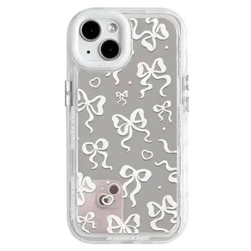 NITITOP Compatible with iPhone 14 Plus Case Cute Mirror Bow Love Heart Pattern for Women Girls Ribbon Design Shockproof Silver Protective Phone Cover - White Bow - 1