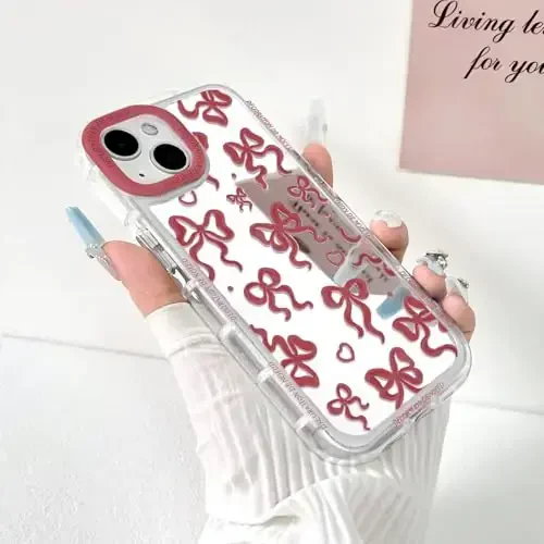 NITITOP Compatible with iPhone 14 Plus Case Cute Mirror Bow Love Heart Pattern for Women Girls Ribbon Design Shockproof Silver Protective Phone Cover - Wine Red Bow - NITITOP (1)