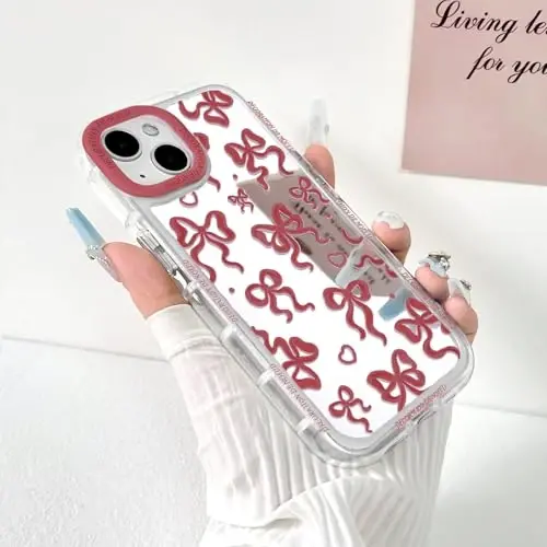 NITITOP Compatible with iPhone 14 Plus Case Cute Mirror Bow Love Heart Pattern for Women Girls Ribbon Design Shockproof Silver Protective Phone Cover - Wine Red Bow - 2