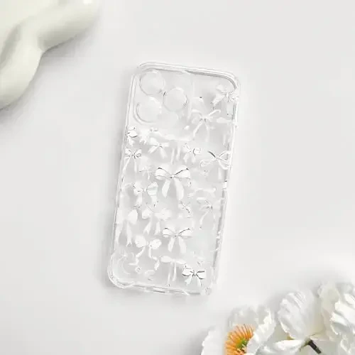 NITITOP Compatible with iPhone 14 Pro Case Cute Clear Bowknot Design for Women Girls White Bow Ribbon Soft Fit Slim Stylish Protective Phone Cover - White - 9