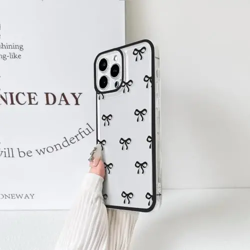 NITITOP Compatible with iPhone 14 Pro Case Cute Clear Durable Ribbon Bowknot Pattern for Girls Women Soft TPU Transparent Full Camera Lens Shockproof Protective Phone Cover - Black - 6