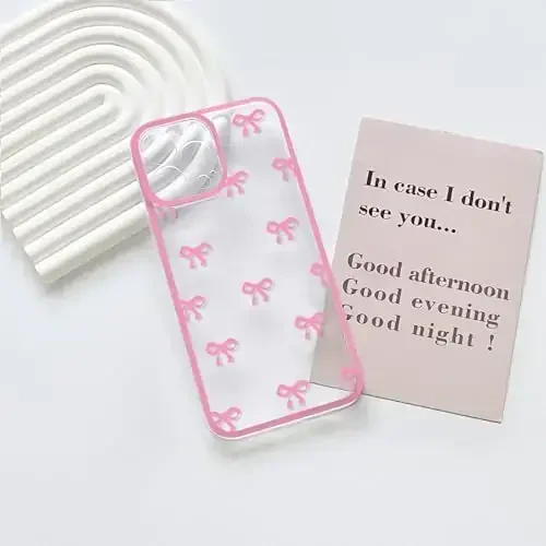 NITITOP Compatible with iPhone 14 Pro Case Cute Clear Durable Ribbon Bowknot Pattern for Girls Women Soft TPU Transparent Full Camera Lens Shockproof Protective Phone Cover - Rose Red - 3