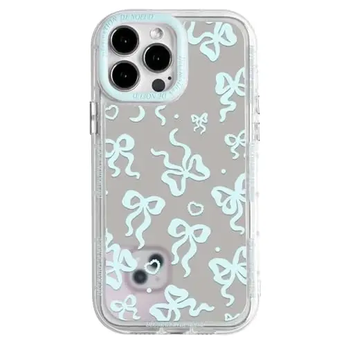 NITITOP Compatible with iPhone 14 Pro Case Cute Mirror Bow Love Heart Pattern for Women Girls Ribbon Design Shockproof Silver Protective Phone Cover - Blue Bow - NITITOP