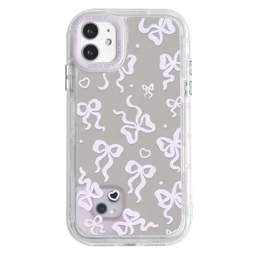 NITITOP Compatible with iPhone 14 Pro Case Cute Mirror Bow Love Heart Pattern for Women Girls Ribbon Design Shockproof Silver Protective Phone Cover - Pink Purple Bow - 1