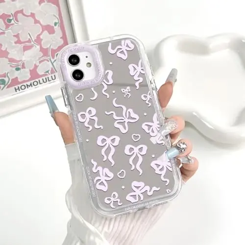 NITITOP Compatible with iPhone 14 Pro Case Cute Mirror Bow Love Heart Pattern for Women Girls Ribbon Design Shockproof Silver Protective Phone Cover - Pink Purple Bow - 3