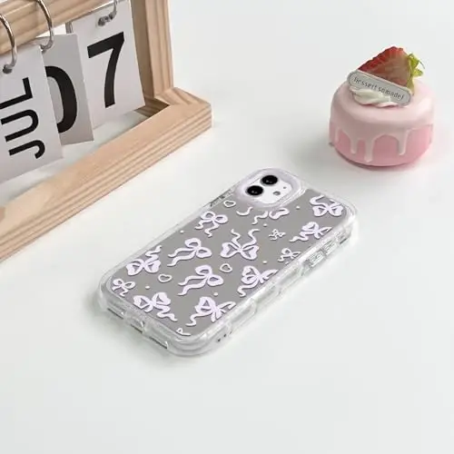 NITITOP Compatible with iPhone 14 Pro Case Cute Mirror Bow Love Heart Pattern for Women Girls Ribbon Design Shockproof Silver Protective Phone Cover - Pink Purple Bow - 4