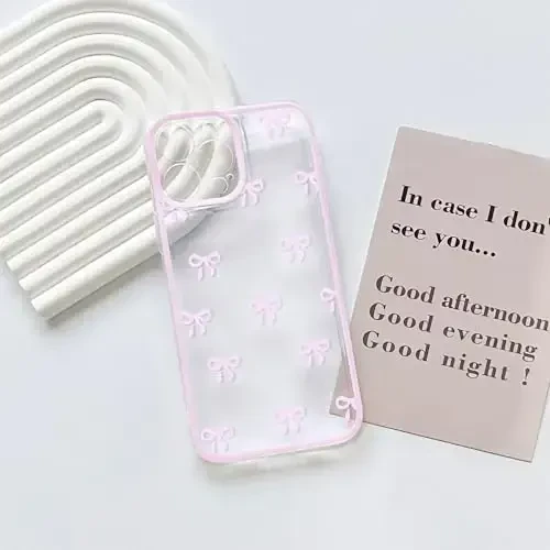 NITITOP Compatible with iPhone 14 Pro Max Case Cute Clear Durable Ribbon Bowknot Pattern for Girls Women Soft TPU Transparent Full Camera Lens Shockproof Protective Phone Cover - Pink - 3
