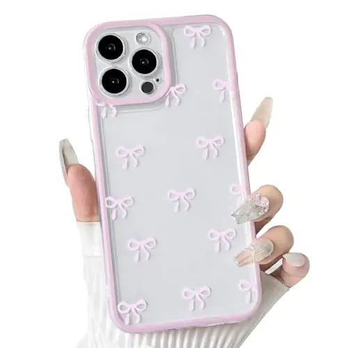 NITITOP Compatible with iPhone 14 Pro Max Case Cute Clear Durable Ribbon Bowknot Pattern for Girls Women Soft TPU Transparent Full Camera Lens Shockproof Protective Phone Cover - Pink 