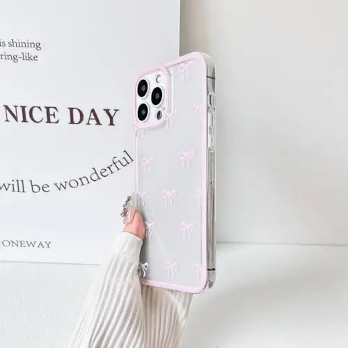 NITITOP Compatible with iPhone 14 Pro Max Case Cute Clear Durable Ribbon Bowknot Pattern for Girls Women Soft TPU Transparent Full Camera Lens Shockproof Protective Phone Cover - Pink - 5