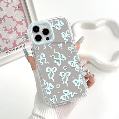 NITITOP Compatible with iPhone 14 Pro Max Case Cute Mirror Bow Love Heart Pattern for Women Girls Ribbon Design Shockproof Silver Protective Phone Cover - Blue Bow - 3