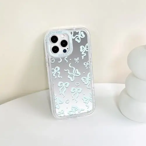 NITITOP Compatible with iPhone 14 Pro Max Case Cute Mirror Bow Love Heart Pattern for Women Girls Ribbon Design Shockproof Silver Protective Phone Cover - Blue Bow - 7
