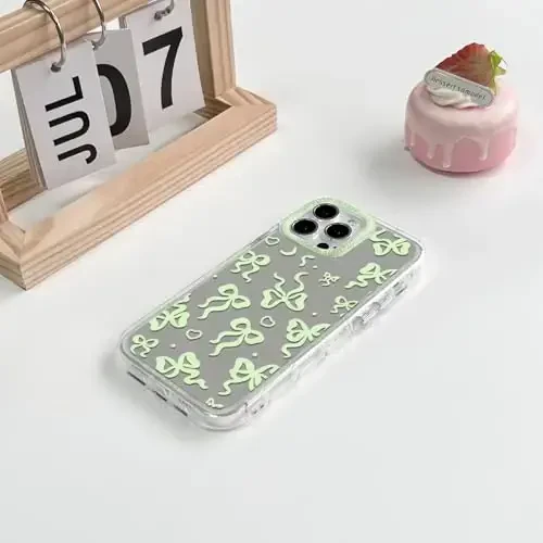NITITOP Compatible with iPhone 14 Pro Max Case Cute Mirror Bow Love Heart Pattern for Women Girls Ribbon Design Shockproof Silver Protective Phone Cover - Green Bow - 4