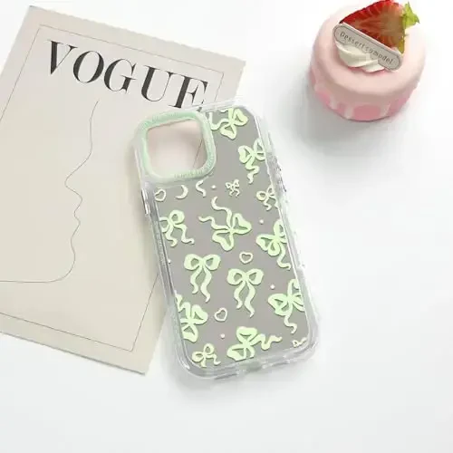 NITITOP Compatible with iPhone 14 Pro Max Case Cute Mirror Bow Love Heart Pattern for Women Girls Ribbon Design Shockproof Silver Protective Phone Cover - Green Bow - 5