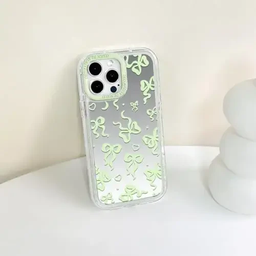 NITITOP Compatible with iPhone 14 Pro Max Case Cute Mirror Bow Love Heart Pattern for Women Girls Ribbon Design Shockproof Silver Protective Phone Cover - Green Bow - 7