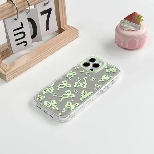 NITITOP Compatible with iPhone 14 Pro Max Case Cute Mirror Bow Love Heart Pattern for Women Girls Ribbon Design Shockproof Silver Protective Phone Cover - Green Bow - 4