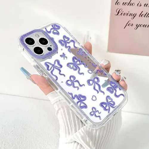 NITITOP Compatible with iPhone 14 Pro Max Case Cute Mirror Bow Love Heart Pattern for Women Girls Ribbon Design Shockproof Silver Protective Phone Cover - Purple Bow - 2