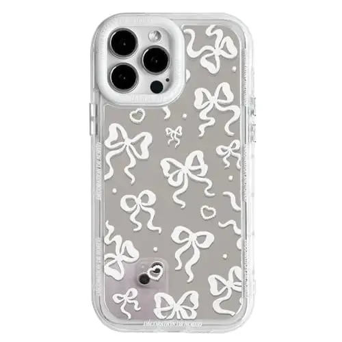 NITITOP Compatible with iPhone 14 Pro Max Case Cute Mirror Bow Love Heart Pattern for Women Girls Ribbon Design Shockproof Silver Protective Phone Cover - White Bow - NITITOP