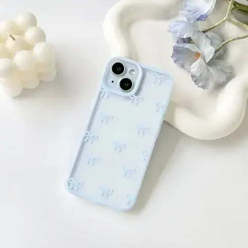 NITITOP Compatible with iPhone 15 Case Cute Clear Durable Ribbon Bowknot Pattern for Girls Women Soft TPU Transparent Full Camera Lens Shockproof Protective Phone Cover - Blue - 2