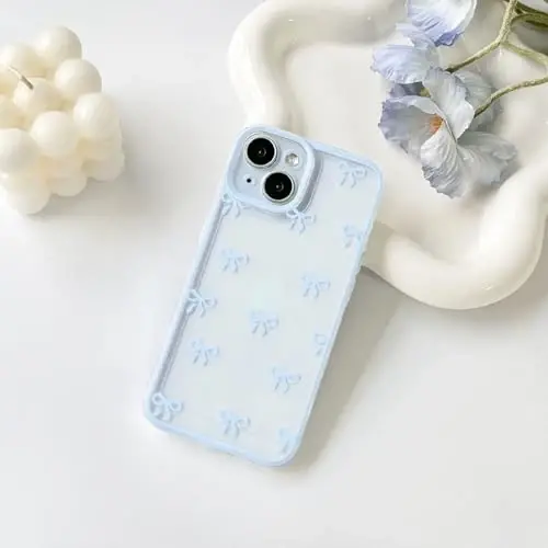 NITITOP Compatible with iPhone 15 Case Cute Clear Durable Ribbon Bowknot Pattern for Girls Women Soft TPU Transparent Full Camera Lens Shockproof Protective Phone Cover - Blue - NITITOP (1)