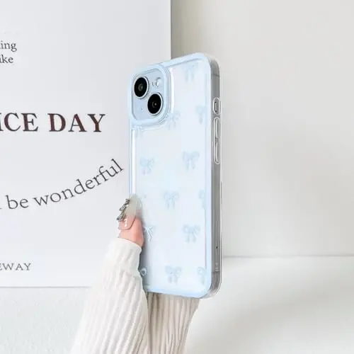 NITITOP Compatible with iPhone 15 Case Cute Clear Durable Ribbon Bowknot Pattern for Girls Women Soft TPU Transparent Full Camera Lens Shockproof Protective Phone Cover - Blue - 5