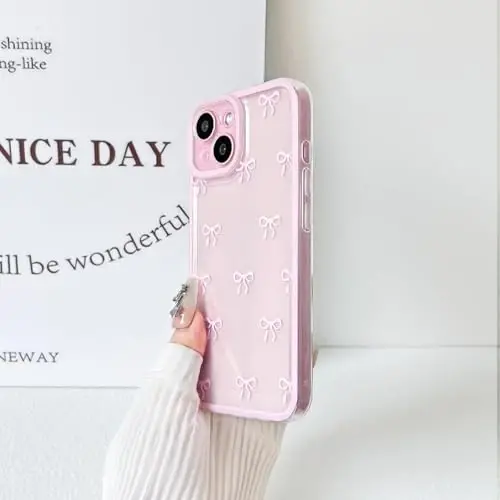 NITITOP Compatible with iPhone 15 Case Cute Clear Durable Ribbon Bowknot Pattern for Girls Women Soft TPU Transparent Full Camera Lens Shockproof Protective Phone Cover - Pink - 5