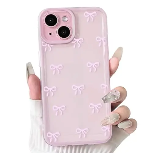 NITITOP Compatible with iPhone 15 Case Cute Clear Durable Ribbon Bowknot Pattern for Girls Women Soft TPU Transparent Full Camera Lens Shockproof Protective Phone Cover - Pink - NITITOP