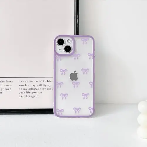 NITITOP Compatible with iPhone 15 Case Cute Clear Durable Ribbon Bowknot Pattern for Girls Women Soft TPU Transparent Full Camera Lens Shockproof Protective Phone Cover - Purple - 7