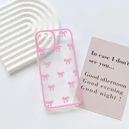NITITOP Compatible with iPhone 15 Case Cute Clear Durable Ribbon Bowknot Pattern for Girls Women Soft TPU Transparent Full Camera Lens Shockproof Protective Phone Cover - Rose Red - 3