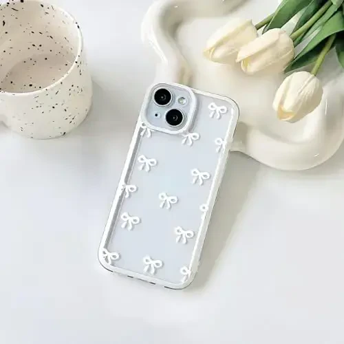 NITITOP Compatible with iPhone 15 Case Cute Clear Durable Ribbon Bowknot Pattern for Girls Women Soft TPU Transparent Full Camera Lens Shockproof Protective Phone Cover - White - 2