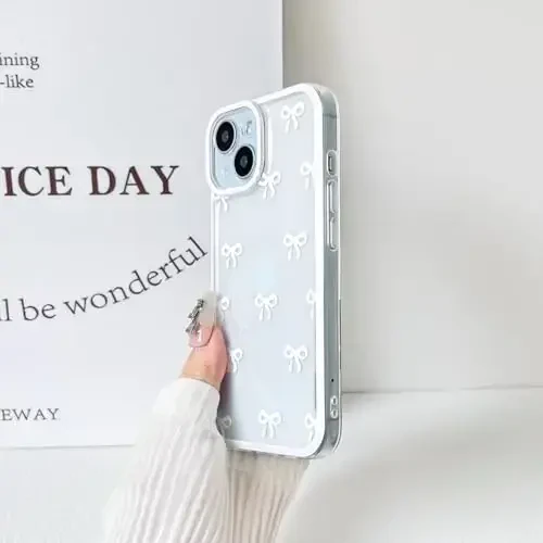 NITITOP Compatible with iPhone 15 Case Cute Clear Durable Ribbon Bowknot Pattern for Girls Women Soft TPU Transparent Full Camera Lens Shockproof Protective Phone Cover - White - 7