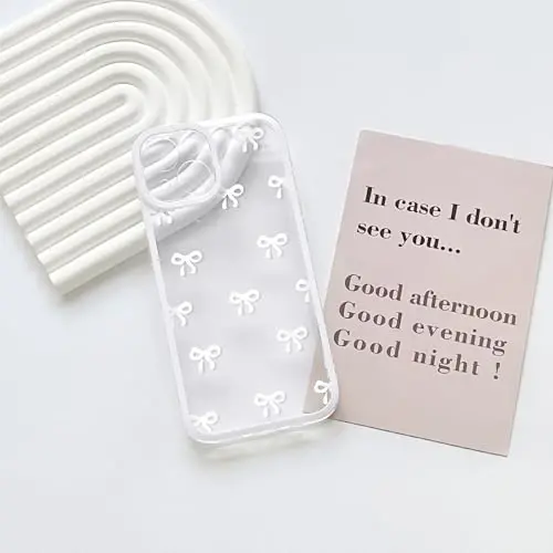 NITITOP Compatible with iPhone 15 Case Cute Clear Durable Ribbon Bowknot Pattern for Girls Women Soft TPU Transparent Full Camera Lens Shockproof Protective Phone Cover - White - 3