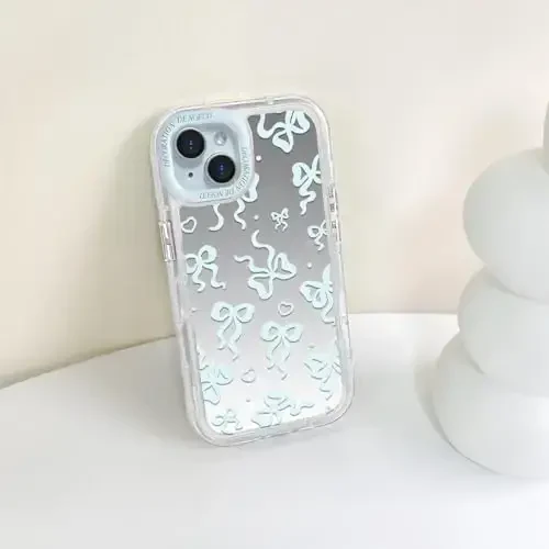 NITITOP Compatible with iPhone 15 Case Cute Mirror Bow Love Heart Pattern for Women Girls Ribbon Design Shockproof Silver Protective Phone Cover - Blue Bow - 7