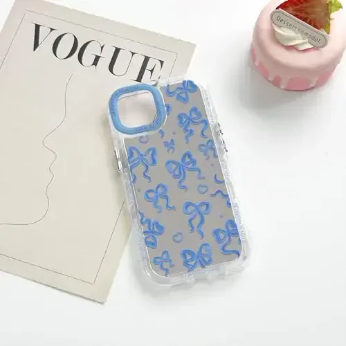 NITITOP Compatible with iPhone 15 Case Cute Mirror Bow Love Heart Pattern for Women Girls Ribbon Design Shockproof Silver Protective Phone Cover - Indigo Blue Bow - 6