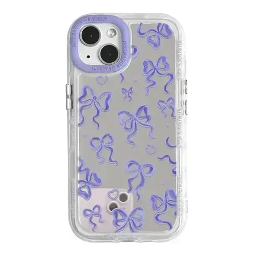 NITITOP Compatible with iPhone 15 Case Cute Mirror Bow Love Heart Pattern for Women Girls Ribbon Design Shockproof Silver Protective Phone Cover - Purple Bow 
