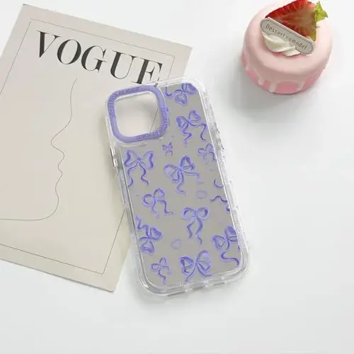 NITITOP Compatible with iPhone 15 Case Cute Mirror Bow Love Heart Pattern for Women Girls Ribbon Design Shockproof Silver Protective Phone Cover - Purple Bow - 6