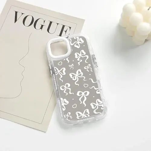 NITITOP Compatible with iPhone 15 Case Cute Mirror Bow Love Heart Pattern for Women Girls Ribbon Design Shockproof Silver Protective Phone Cover - White Bow - 5