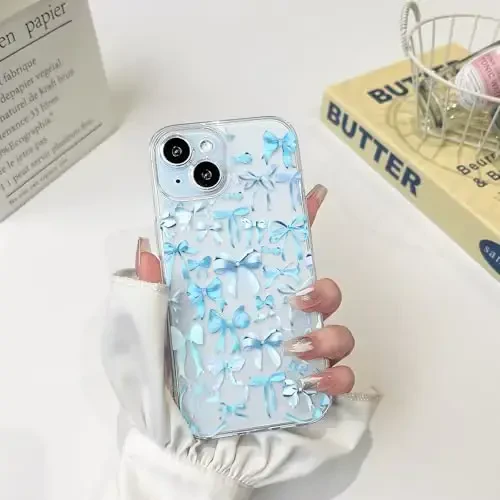 NITITOP Compatible with iPhone 15 Plus Case Cute Clear Bowknot Design for Women Girls Blue Bow Ribbon Soft Fit Slim Stylish Protective Phone Cover - Blue - 3
