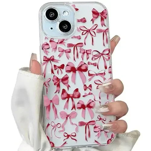 NITITOP Compatible with iPhone 15 Plus Case Cute Clear Bowknot Design for Women Girls Red Bow Ribbon Soft Fit Slim Stylish Protective Phone Cover - Red - NITITOP