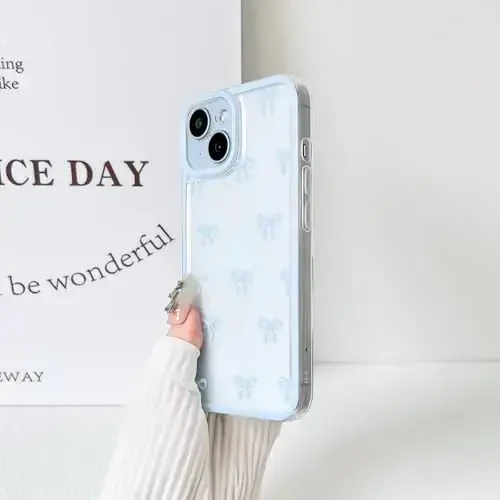 NITITOP Compatible with iPhone 15 Plus Case Cute Clear Durable Ribbon Bowknot Pattern for Girls Women Soft TPU Transparent Full Camera Lens Shockproof Protective Phone Cover - Blue - 5