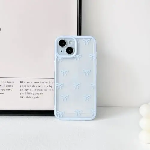 NITITOP Compatible with iPhone 15 Plus Case Cute Clear Durable Ribbon Bowknot Pattern for Girls Women Soft TPU Transparent Full Camera Lens Shockproof Protective Phone Cover - Blue - 4