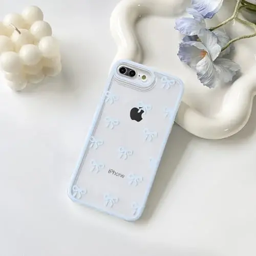 NITITOP Compatible with iPhone 15 Plus Case Cute Clear Durable Ribbon Bowknot Pattern for Girls Women Soft TPU Transparent Full Camera Lens Shockproof Protective Phone Cover - Blue - NITITOP (1)