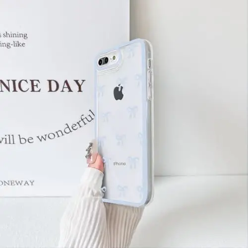 NITITOP Compatible with iPhone 15 Plus Case Cute Clear Durable Ribbon Bowknot Pattern for Girls Women Soft TPU Transparent Full Camera Lens Shockproof Protective Phone Cover - Blue - 4