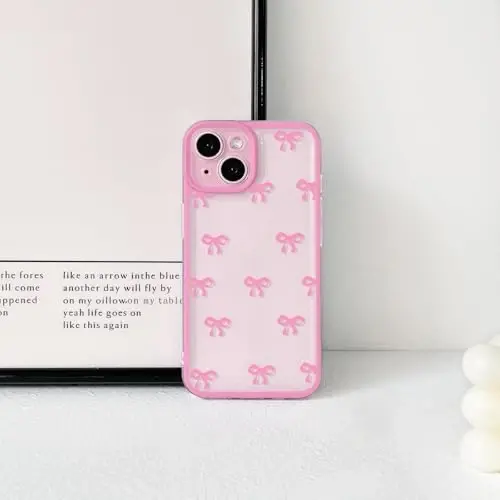 NITITOP Compatible with iPhone 15 Plus Case Cute Clear Durable Ribbon Bowknot Pattern for Girls Women Soft TPU Transparent Full Camera Lens Shockproof Protective Phone Cover - Rose Red - 4